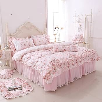 Amazon｜シングル 花柄 ピンク フリル 姫系 レース付き 綿100